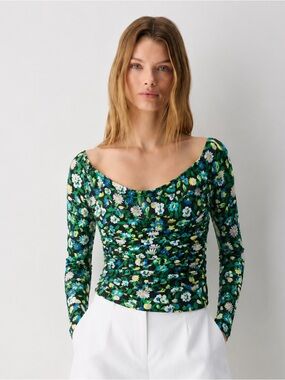 AFRM Floral Ruched Mesh Long Sleeve Off Shoulder Top Small NWOT Y2K Fairy